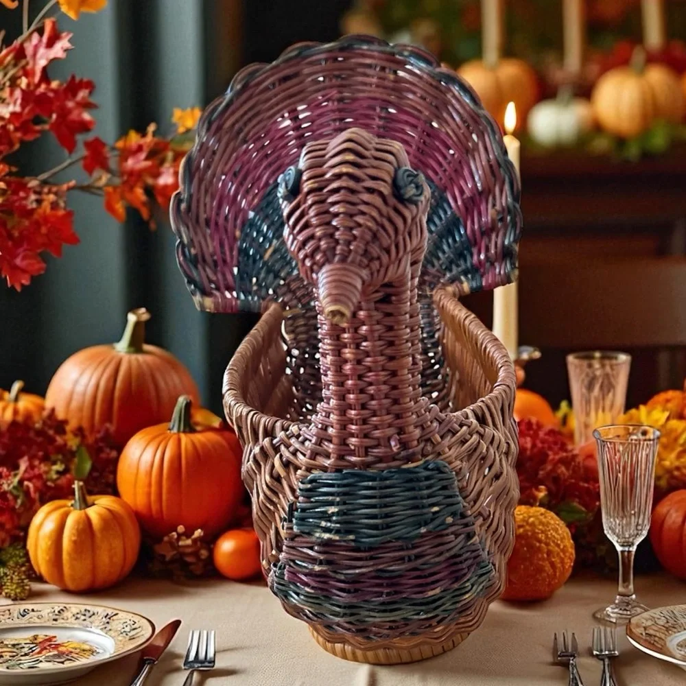 Vintage Turkey Wicker Basket Bread Bun Holder Holiday Thanksgiving Decor